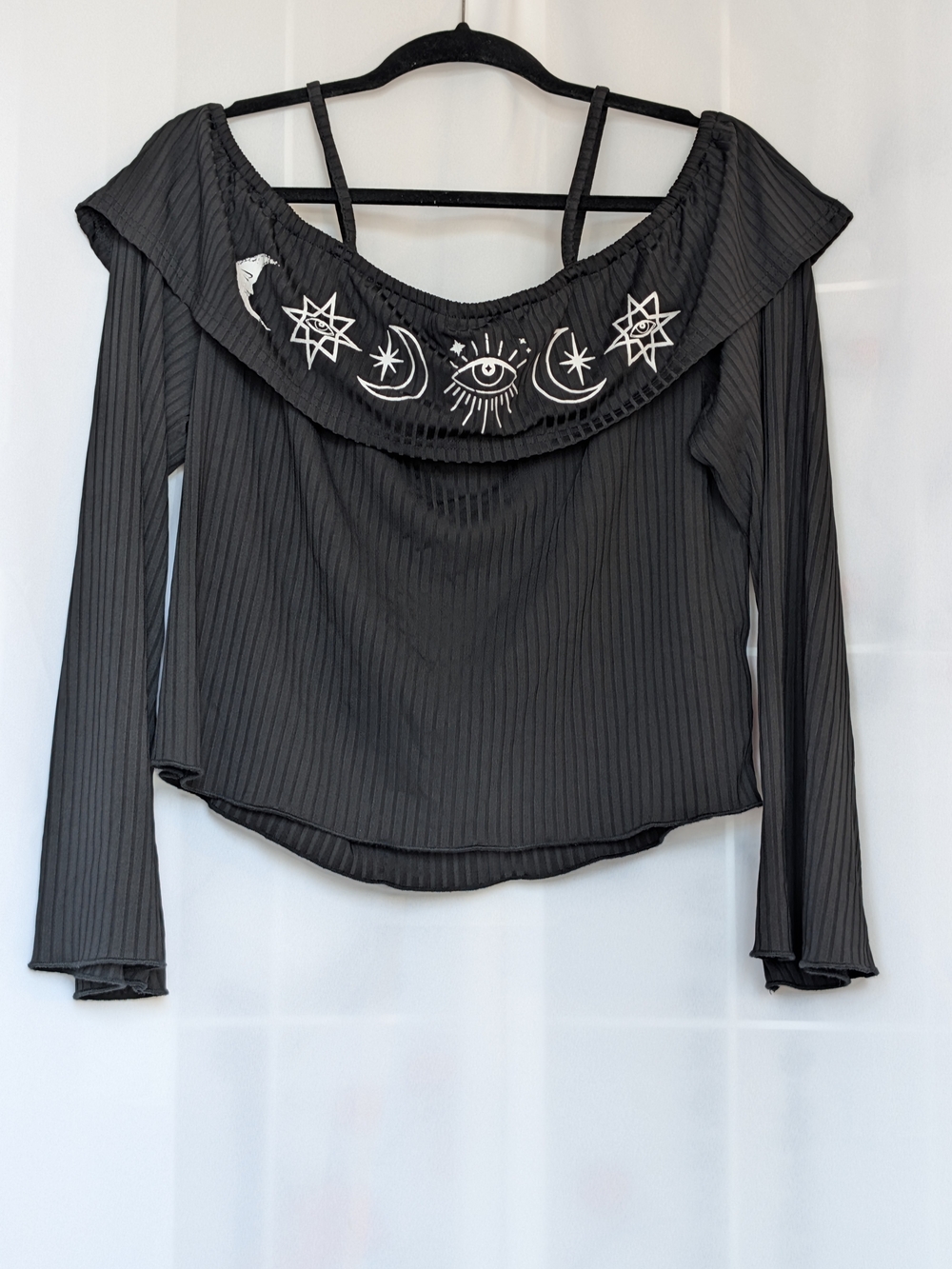 Black Off-Shoulder Long Sleeve Top with Celestial Embroidery
